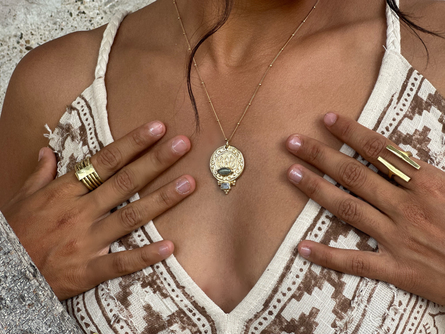 Gold bohemian necklace with lotus engraving and labradorite