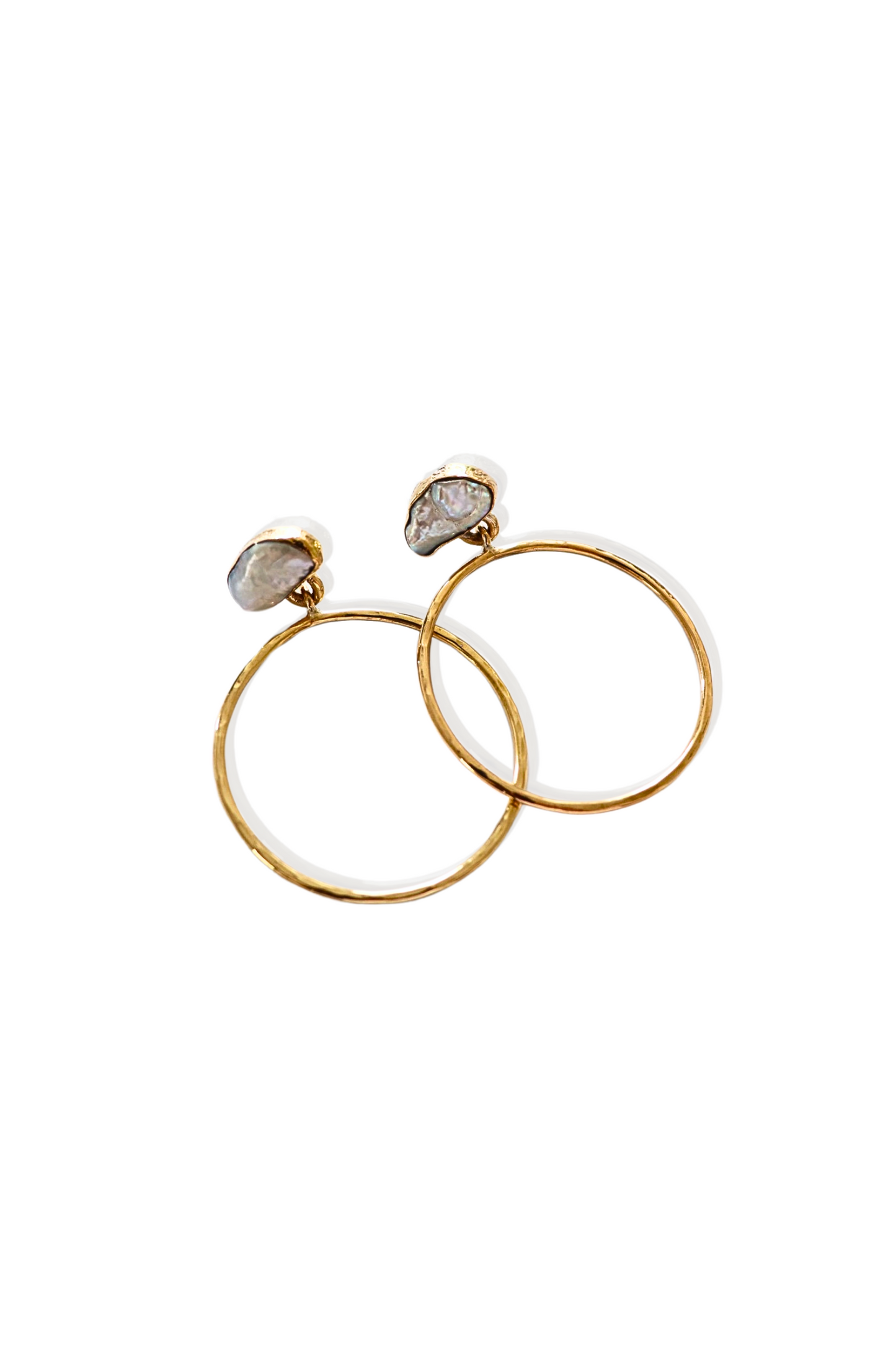 Gold Pearl Hoop Earrings with hammered tumbaga hoops