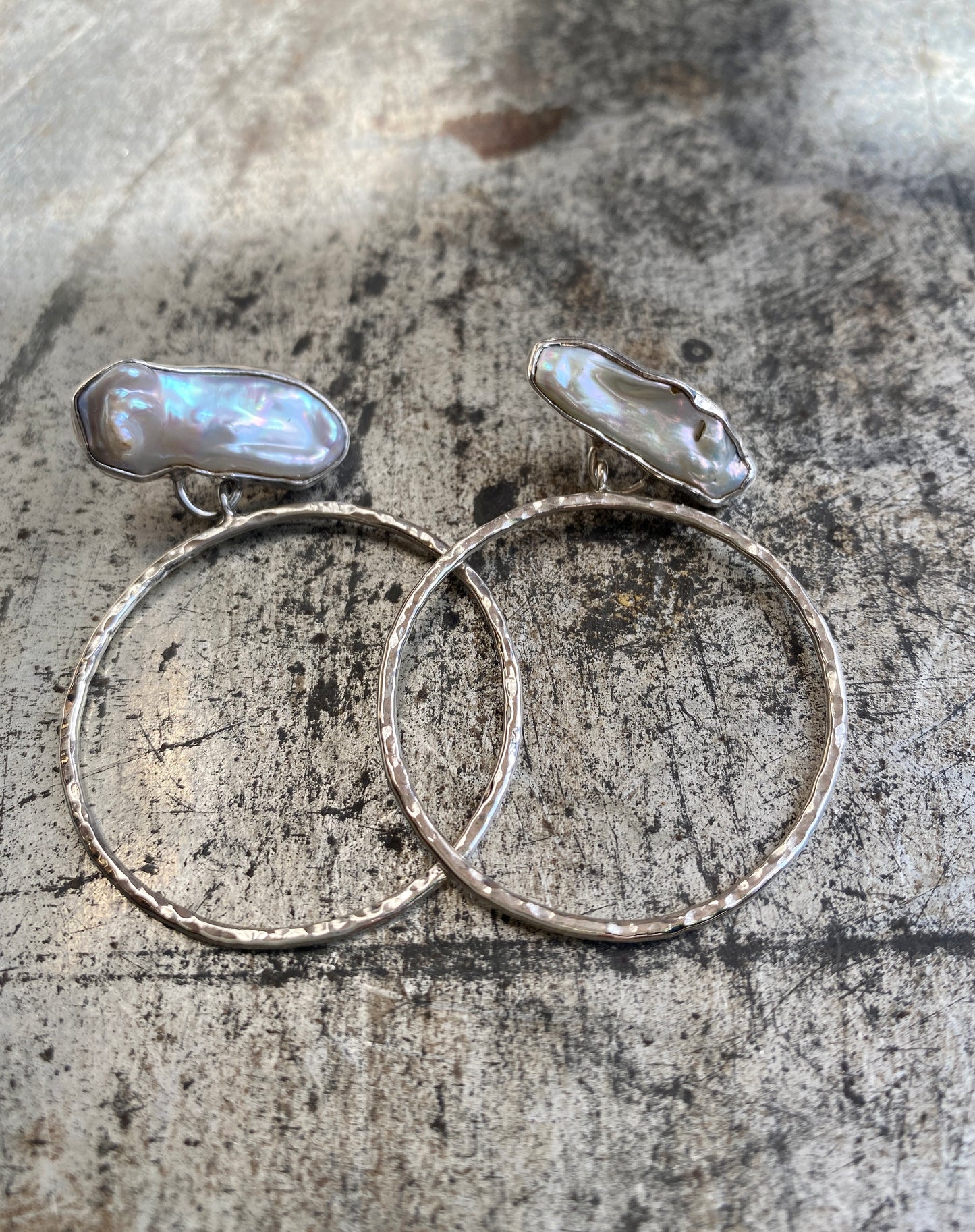 Sterling silver Pearl Hoop Earrings with hammered hoops
