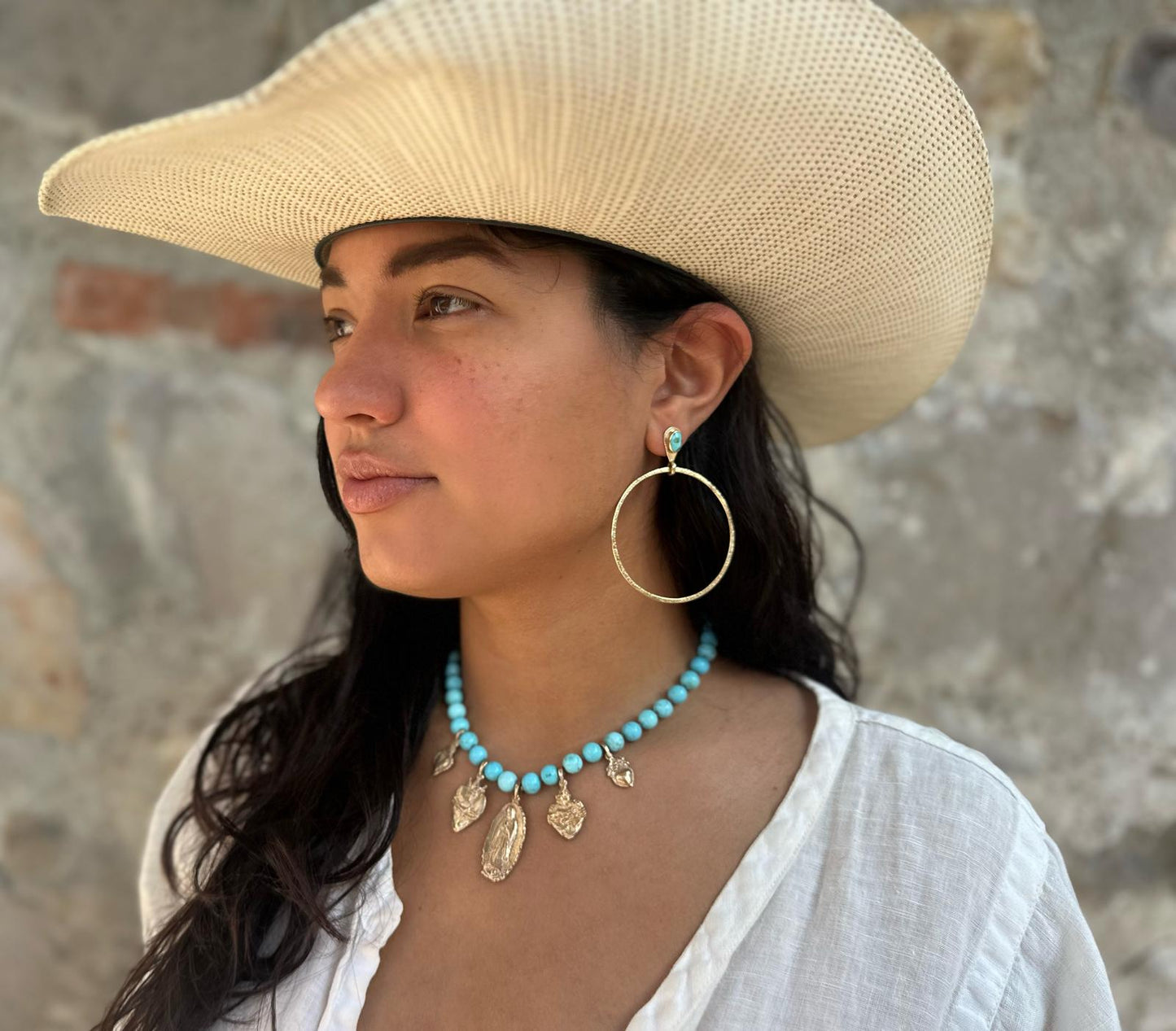 Turquoise Stud Hoop Earrings in Gold