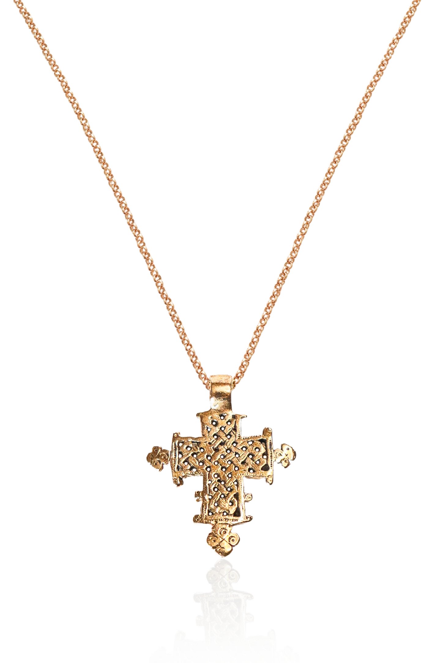 Gold Ethiopian Cross Necklace with intricate lattice pendant