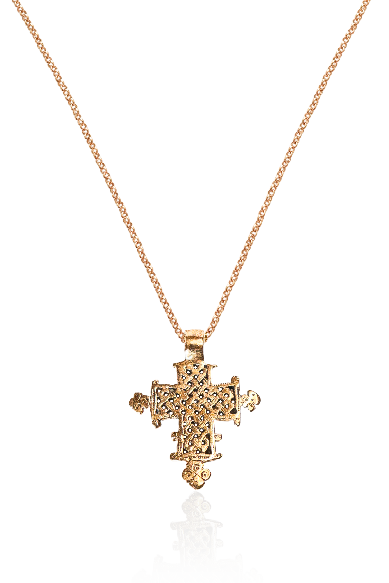 Gold Ethiopian Cross Necklace with intricate lattice pendant