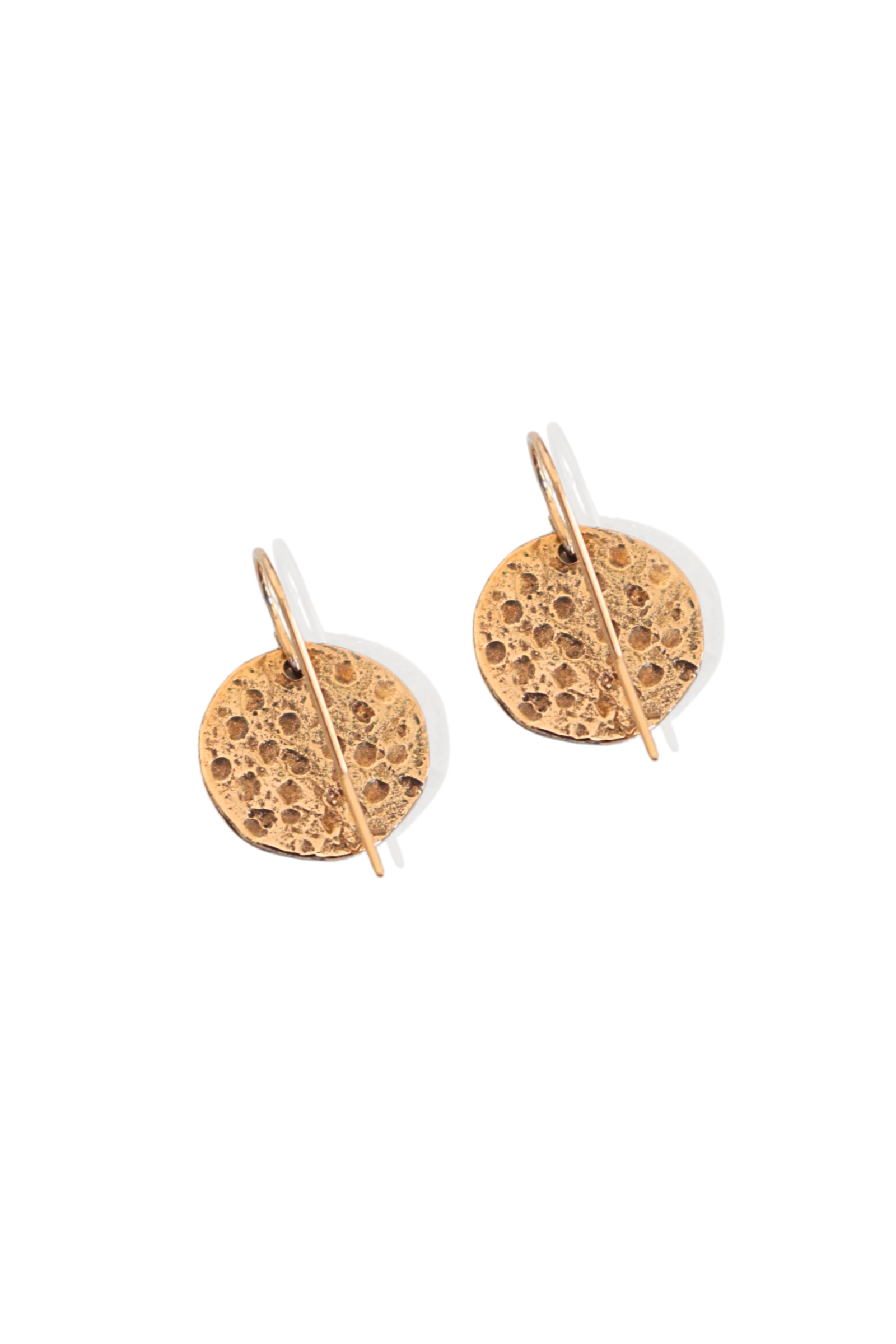 Gold Medallion Earrings with hand-hammered bronze discs
