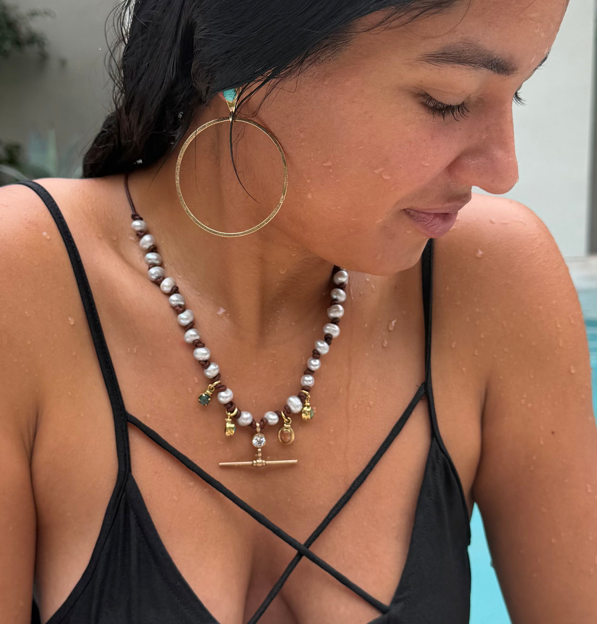 Pearl Necklace with T-bar and multi stone Pendant