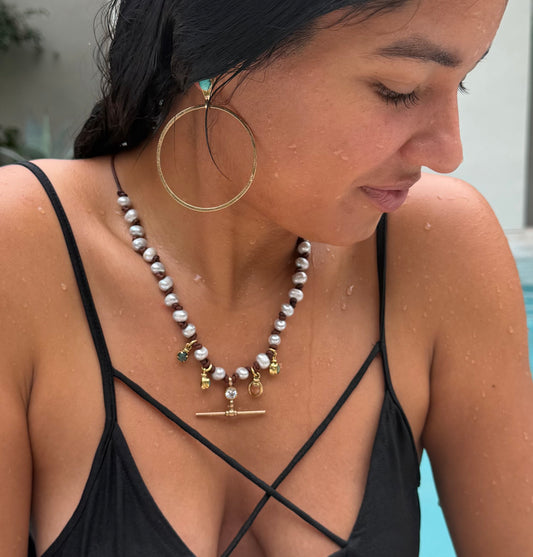 Pearl & Stone T-Bar Pendant Necklace
