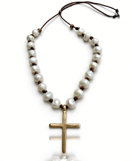 Simple Ethiopian Cross Pearl Necklace