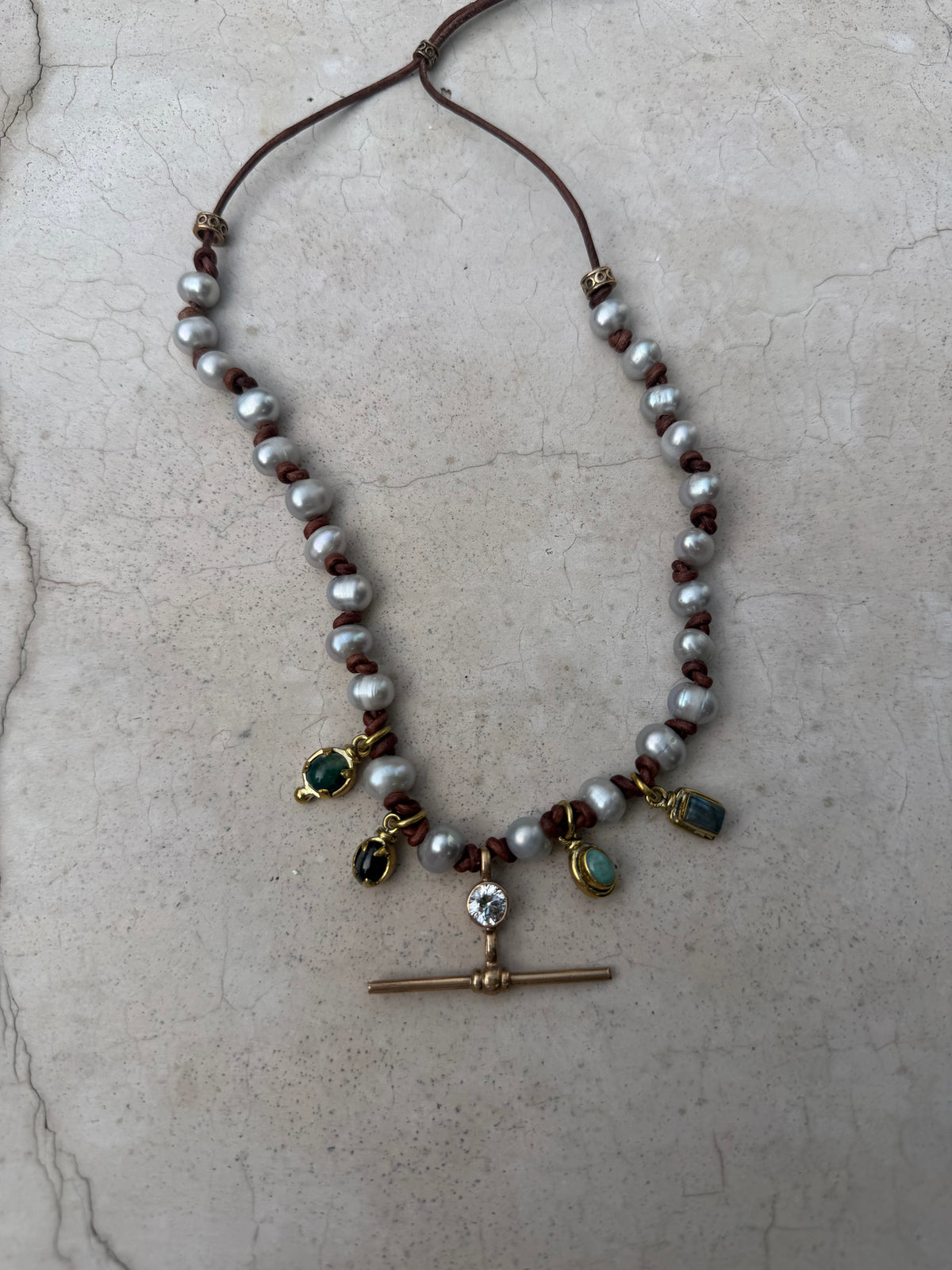 Pearl Necklace with T-bar and multi stone Pendant