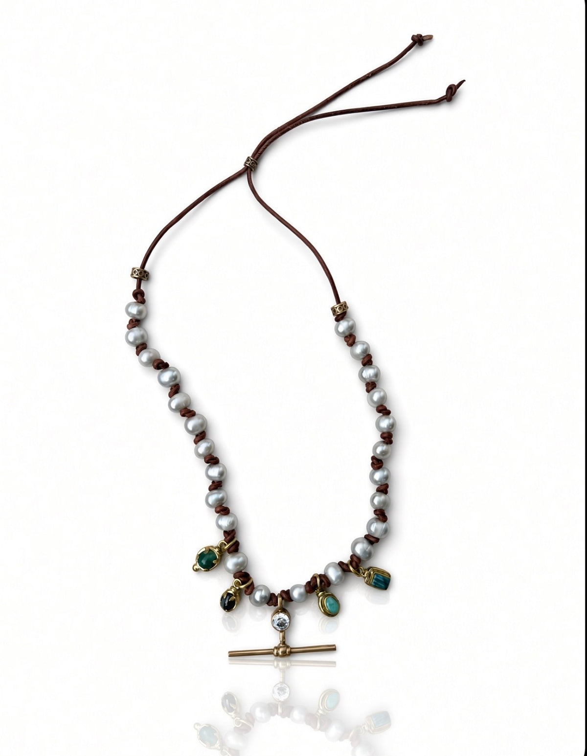 Pearl Necklace with T-bar and multi stone Pendant