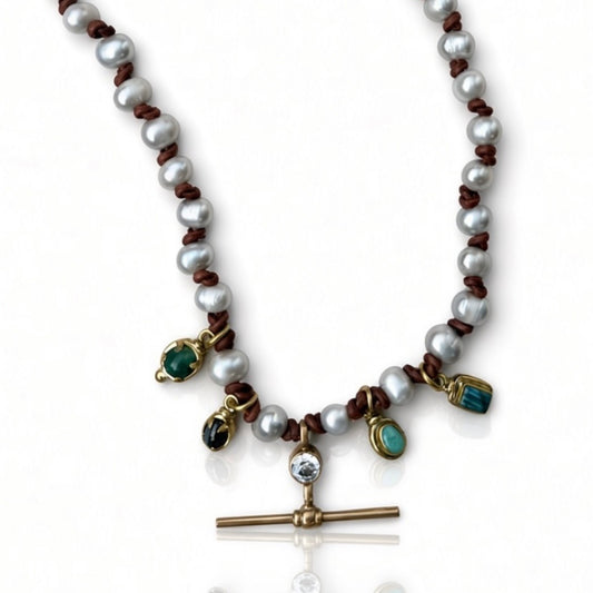 Pearl & Stone T-Bar Pendant Necklace