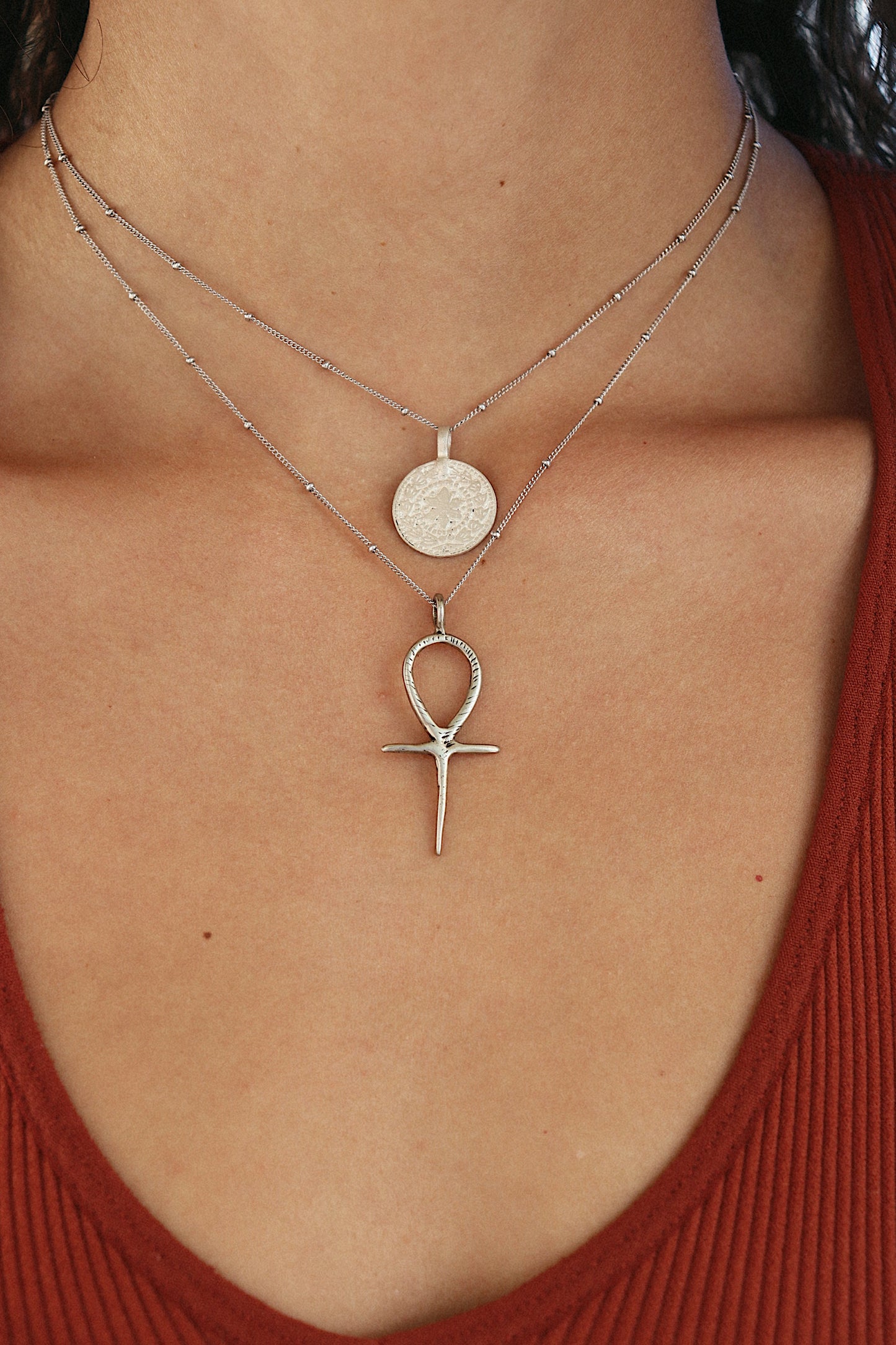 Silver Moon and Sun necklace styled on model