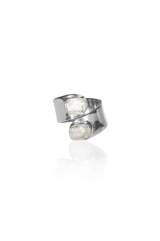 Close-up of silver open band ring with square-cut quartz stones
