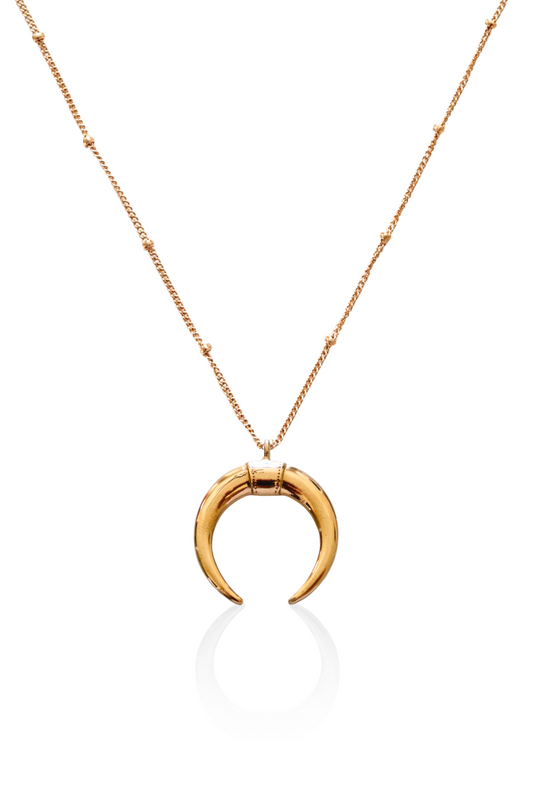 Close-up of gold double horn pendant on satellite chain