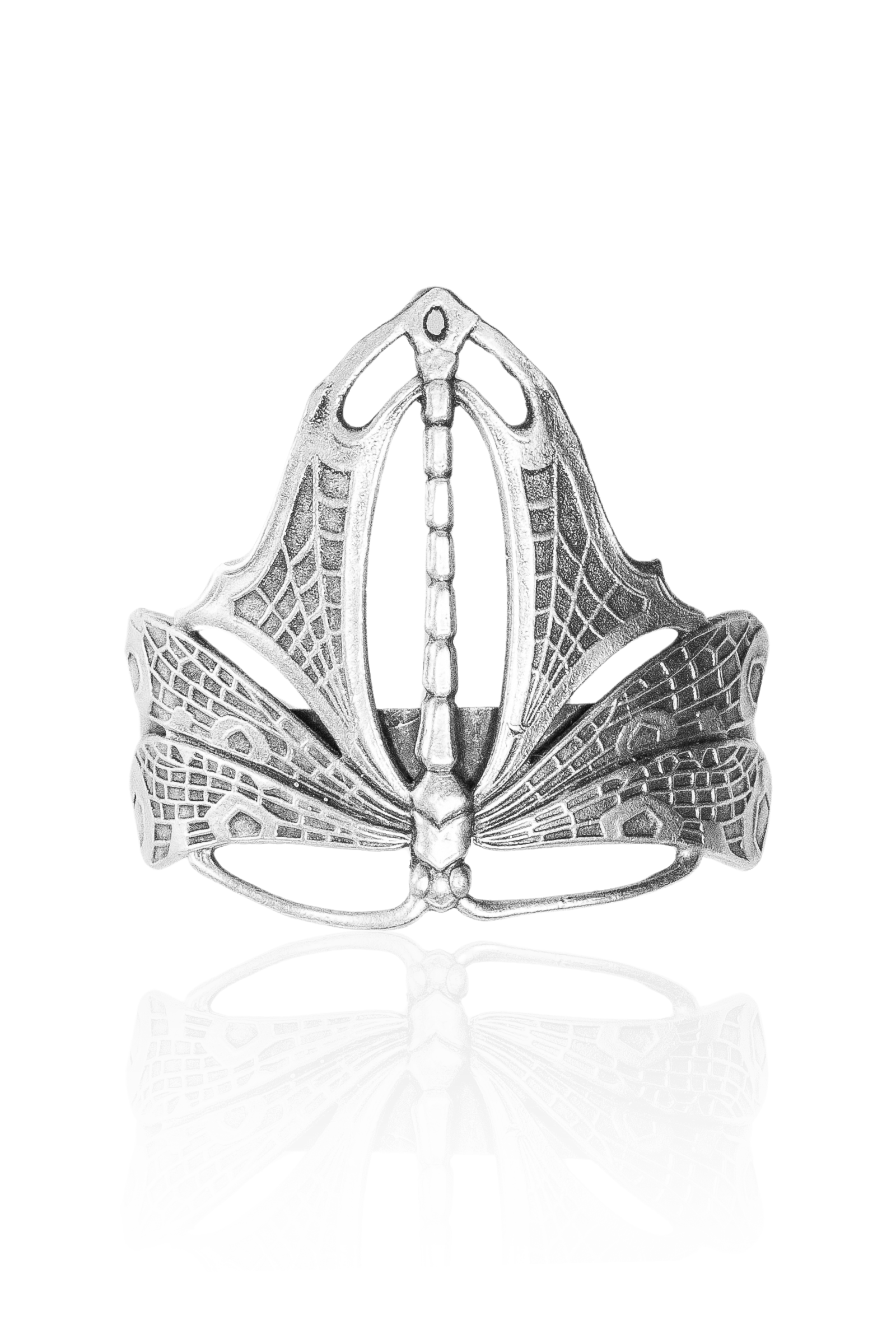 Silver dragonfly cuff bracelet with engraved wings on an adjustable open band.