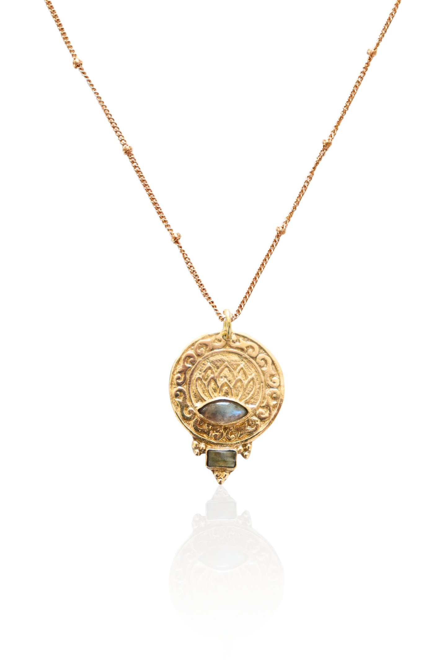 Gold Lotus and Ohm Necklace with bronze pendant and labradorite stones