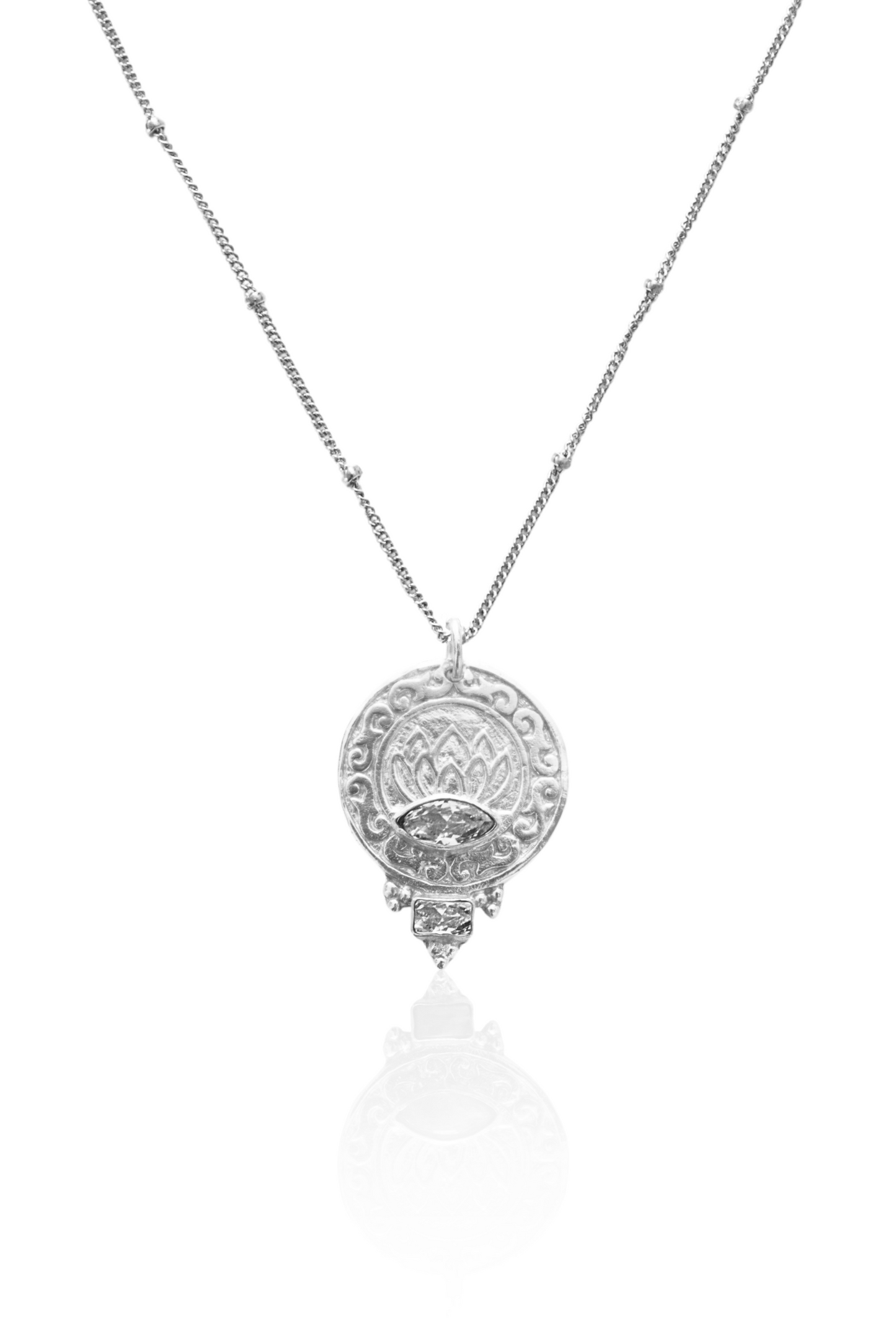 Lotus and Ohm medallion necklace in sterling silver
