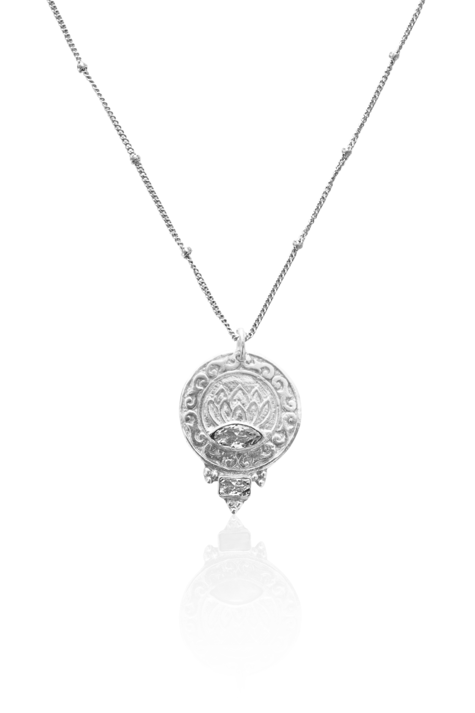 Lotus and Ohm medallion necklace in sterling silver