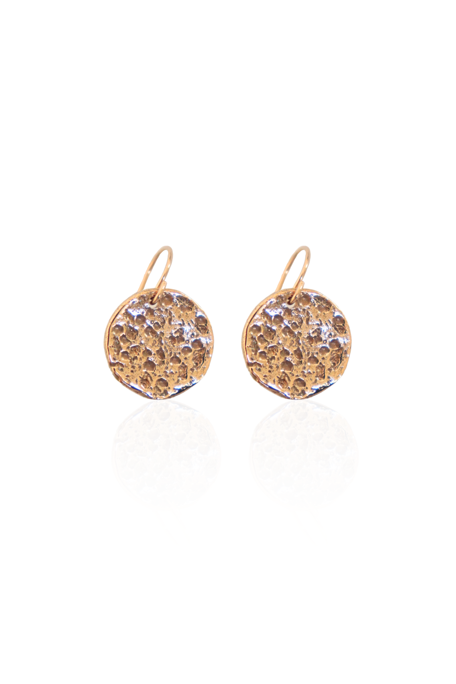 Close-up of bronze medallion earrings on French hooks