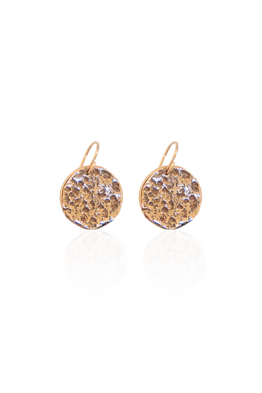 Close-up of bronze medallion earrings on French hooks