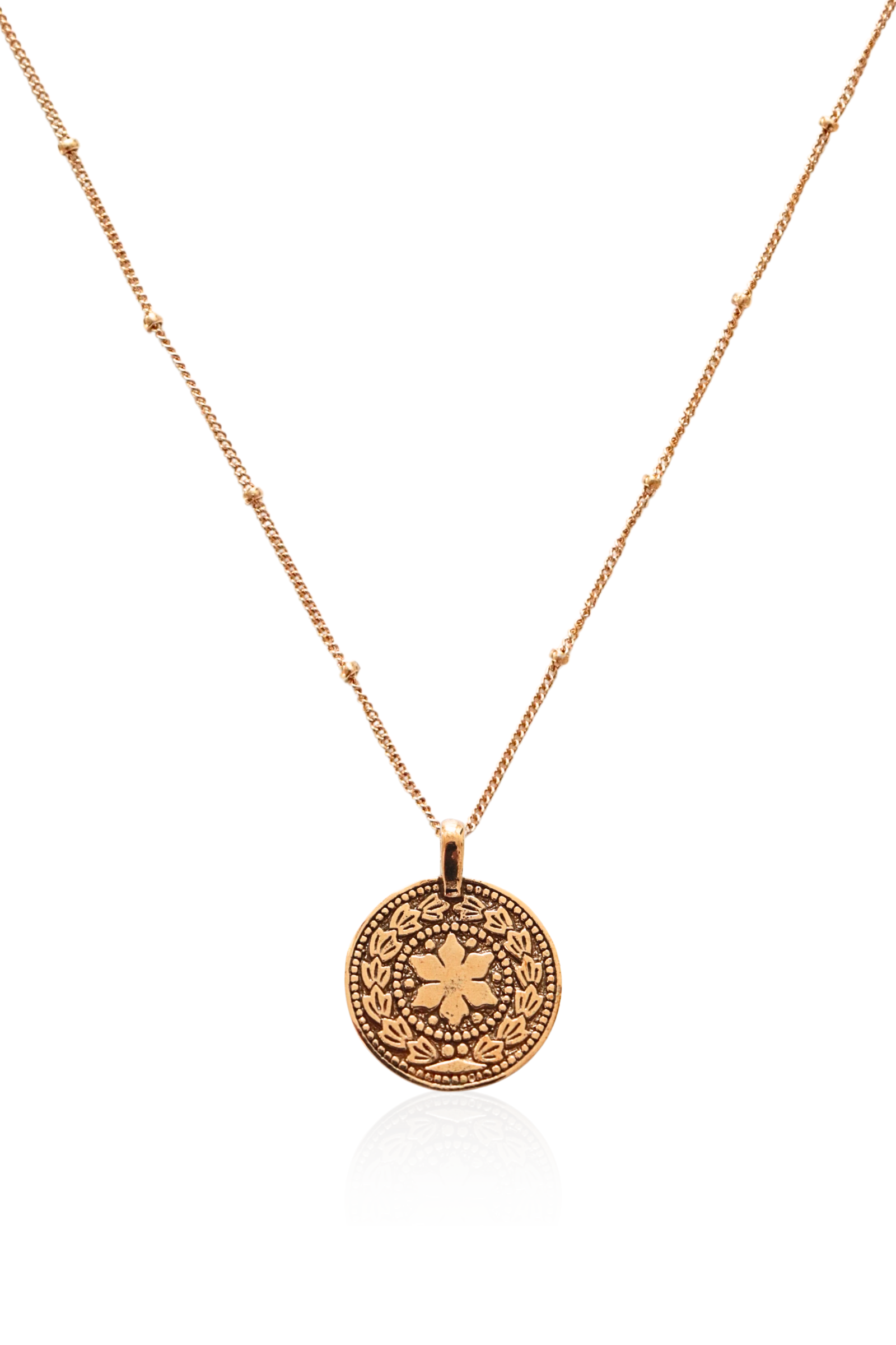 Gold necklace with dual-sided bronze coin pendant