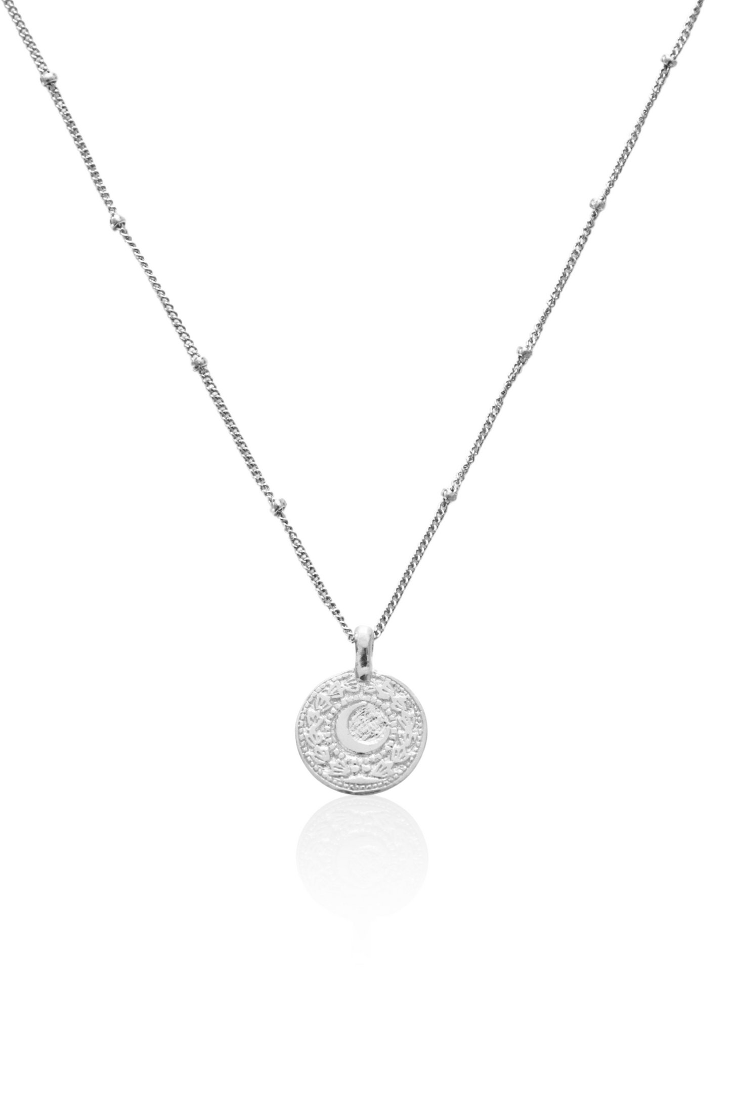 Boho silver Afghan coin necklace with sun and moon engraving
