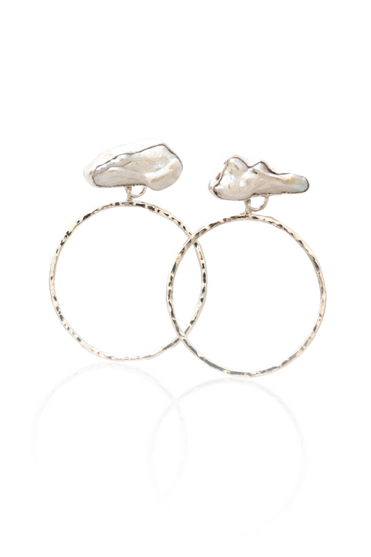 Close-up of sterling silver hoops with pearls