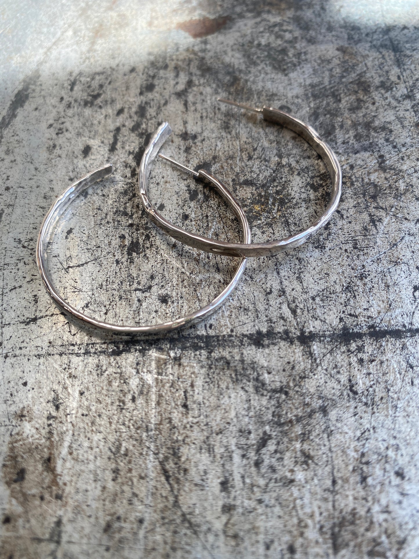 Minimalist silver boho hoops with hammered texture